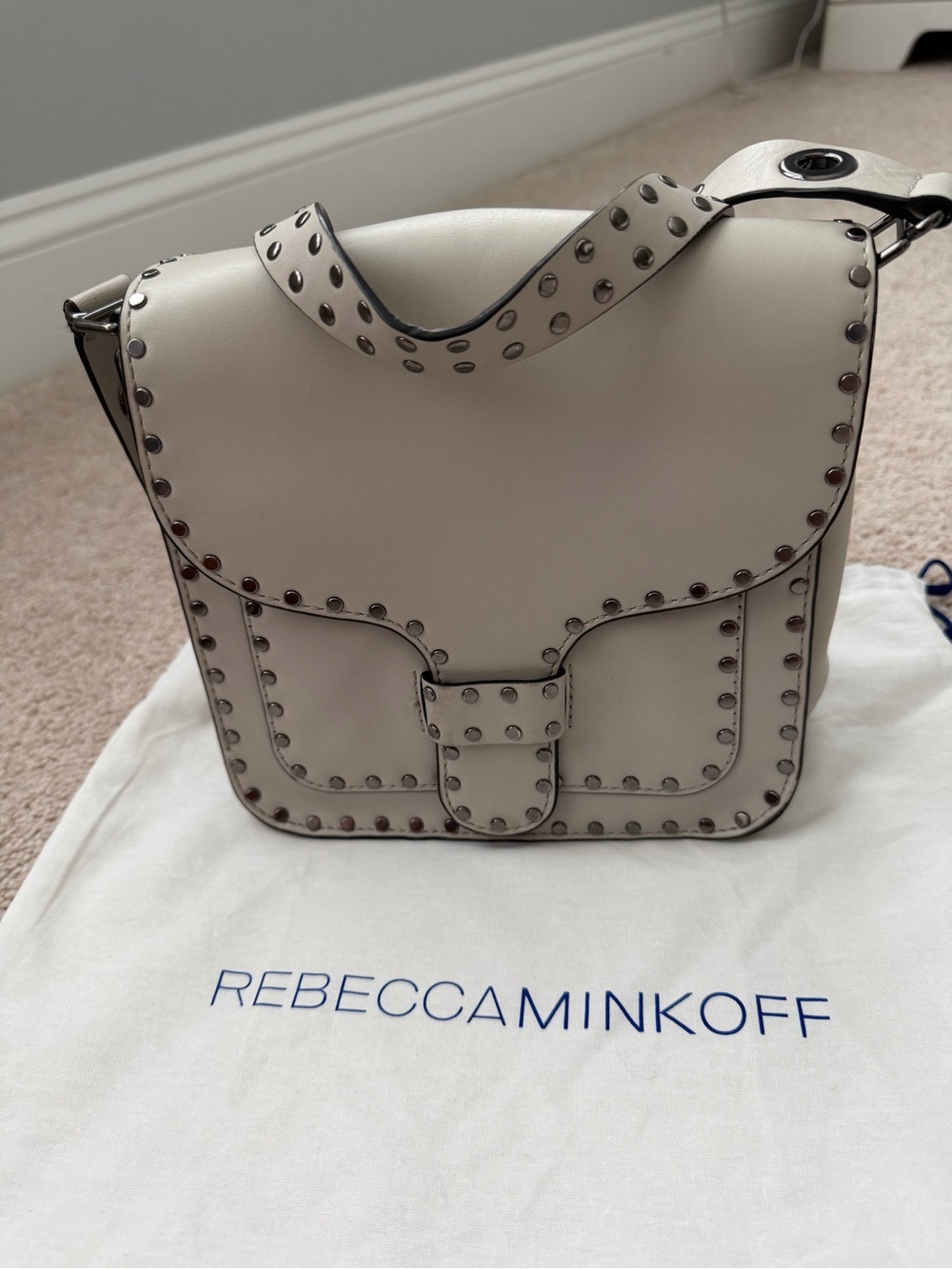 Rebecca Minkoff Cream Leather Studded Flap Crossbody